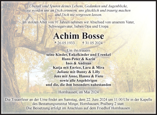 Traueranzeige von Achim Bosse von Volksstimme Oschersleben/Wanzleben
