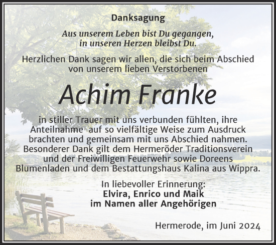Traueranzeige von Achim Franke von Mitteldeutsche Zeitung Mansfelder Land
