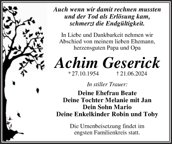 Traueranzeige von Achim Geserick von Trauerkombi Wittenberg