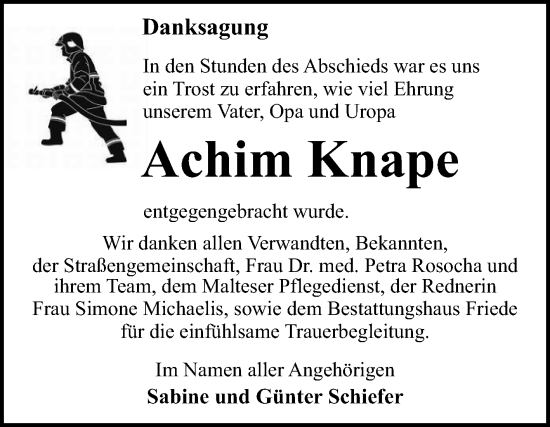 Traueranzeige von Achim Knape von Trauerkombi Dessau