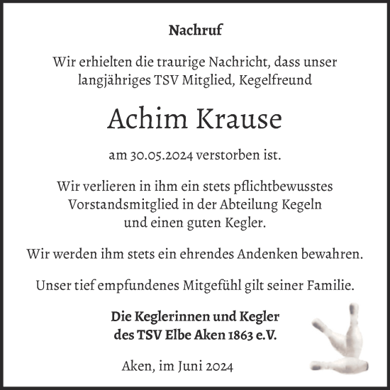 Traueranzeige von Achim Krause von Super Sonntag Köthen
