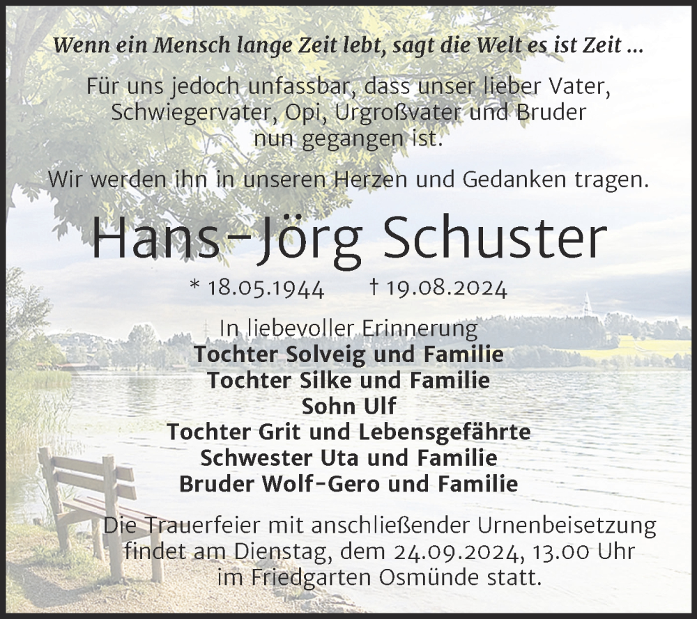  Traueranzeige für Hans-Jörg Schuster vom 31.08.2024 aus 