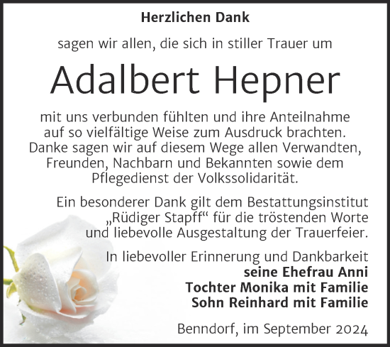 Traueranzeige von Adalbert Hepner von Trauerkombi Mansfelder Land