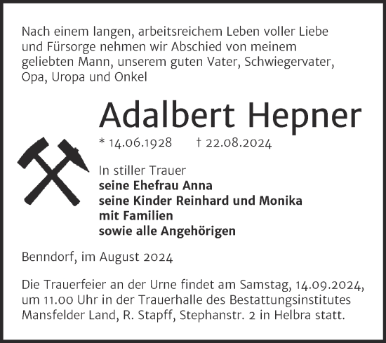 Traueranzeige von Adalbert Hepner von Mitteldeutsche Zeitung Mansfelder Land