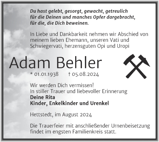 Traueranzeige von Adam Behler von Trauerkombi Mansfelder Land