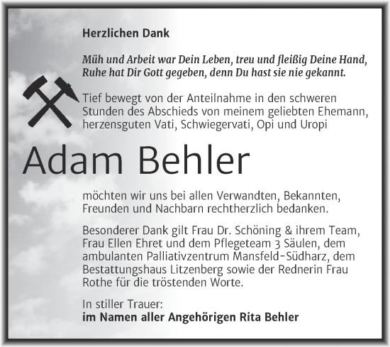 Traueranzeige von Adam Behler von Trauerkombi Mansfelder Land