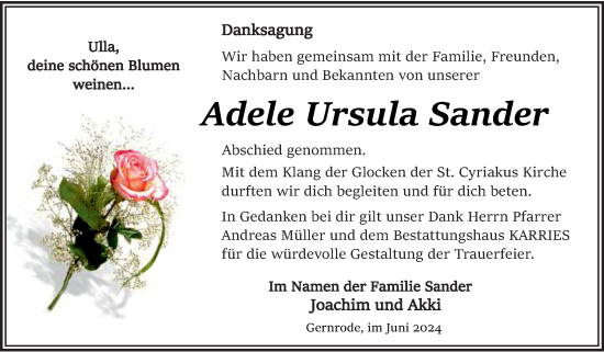 Traueranzeige von Adele Ursula Sander von Trauerkombi Quedlinburg