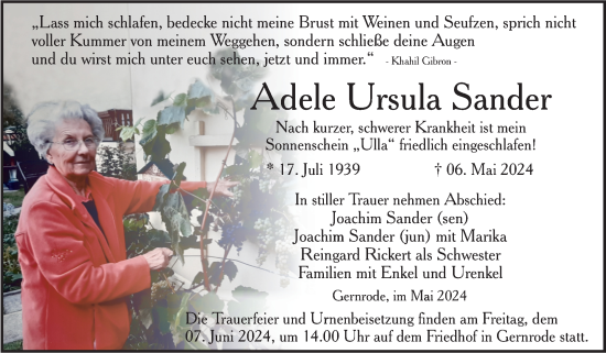 Traueranzeige von Adele Ursula Sander von Trauerkombi Quedlinburg