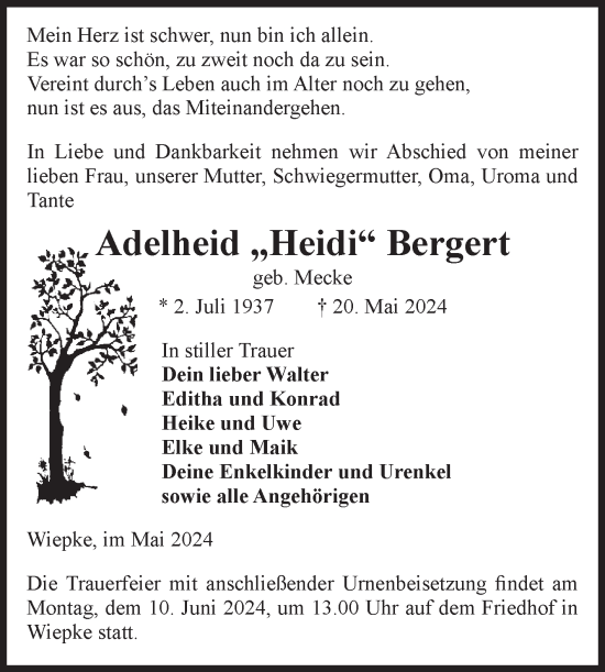 Traueranzeige von Adelheid Bergert von Volksstimme Altmark West