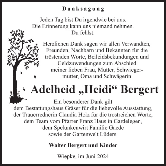 Traueranzeige von Adelheid Bergert von Volksstimme Altmark West