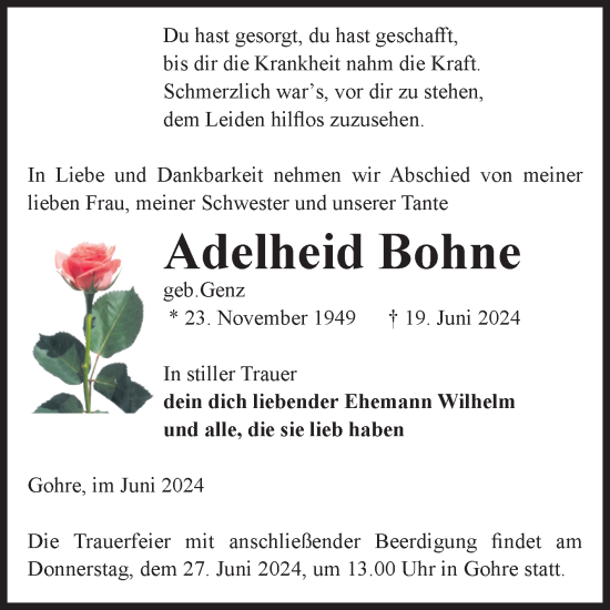 Traueranzeige von Adelheid Bohne von Volksstimme Altmark Ost