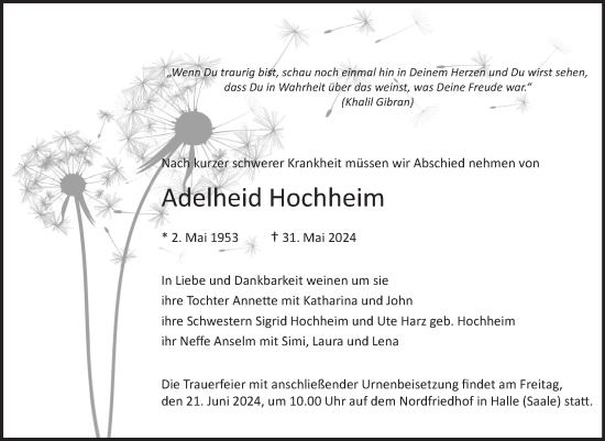 Traueranzeige von Adelheid Hochheim von Mitteldeutsche Zeitung Halle/Saalkreis