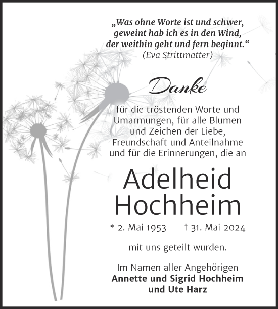 Traueranzeige von Adelheid Hochheim von Mitteldeutsche Zeitung Halle/Saalkreis
