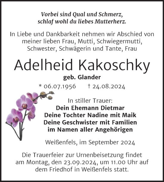 Traueranzeige von Adelheid Kakoschky von Trauerkombi Weißenfels