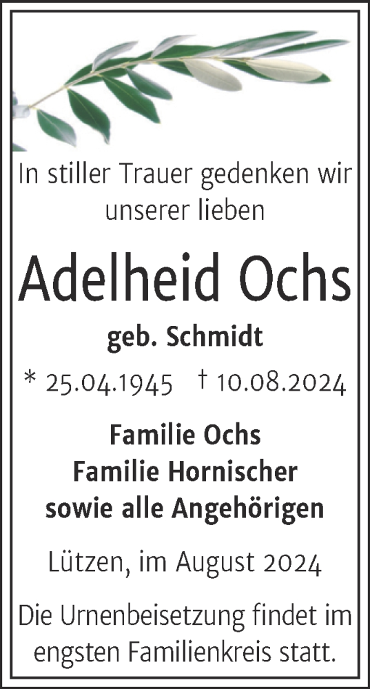 Traueranzeige von Adelheid Ochs von Trauerkombi Weißenfels