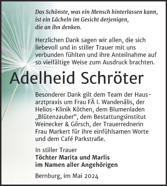 Traueranzeige von Adelheid Schröter von Trauerkombi Bernburg