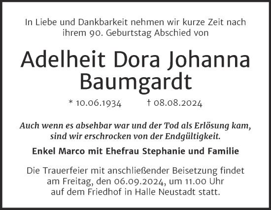 Traueranzeige von Adelheit Dora Johanna Baumgardt von Mitteldeutsche Zeitung Halle/Saalkreis