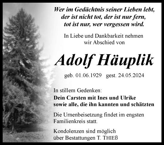 Traueranzeige von Adolf Häuplik von Volksstimme Wernigerode