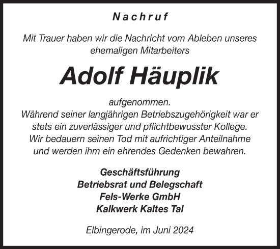 Traueranzeige von Adolf Häuplik von Volksstimme Wernigerode
