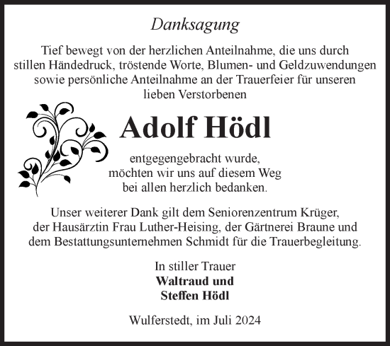 Traueranzeige von Adolf Hödl von Volksstimme Oschersleben/Wanzleben
