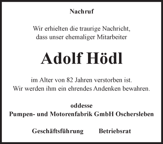 Traueranzeige von Adolf Hödl von Volksstimme Oschersleben/Wanzleben