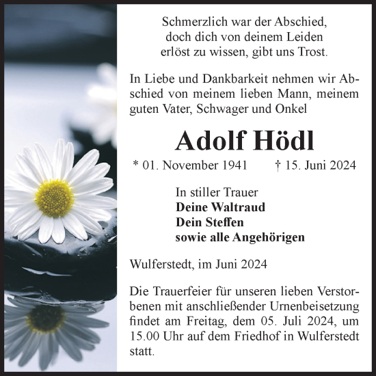 Traueranzeige von Adolf Hödl von Volksstimme Oschersleben/Wanzleben