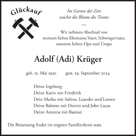 Traueranzeige von Adolf Krüger von Trauerkombi Dessau