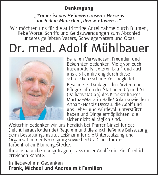 Traueranzeige von Adolf Mühlbauer von Trauerkombi Bitterfeld