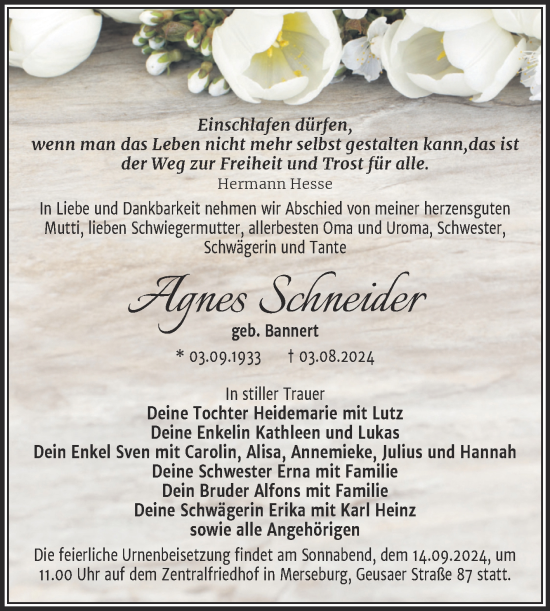 Traueranzeige von Agnes Schneider von Trauerkombi Merseburg