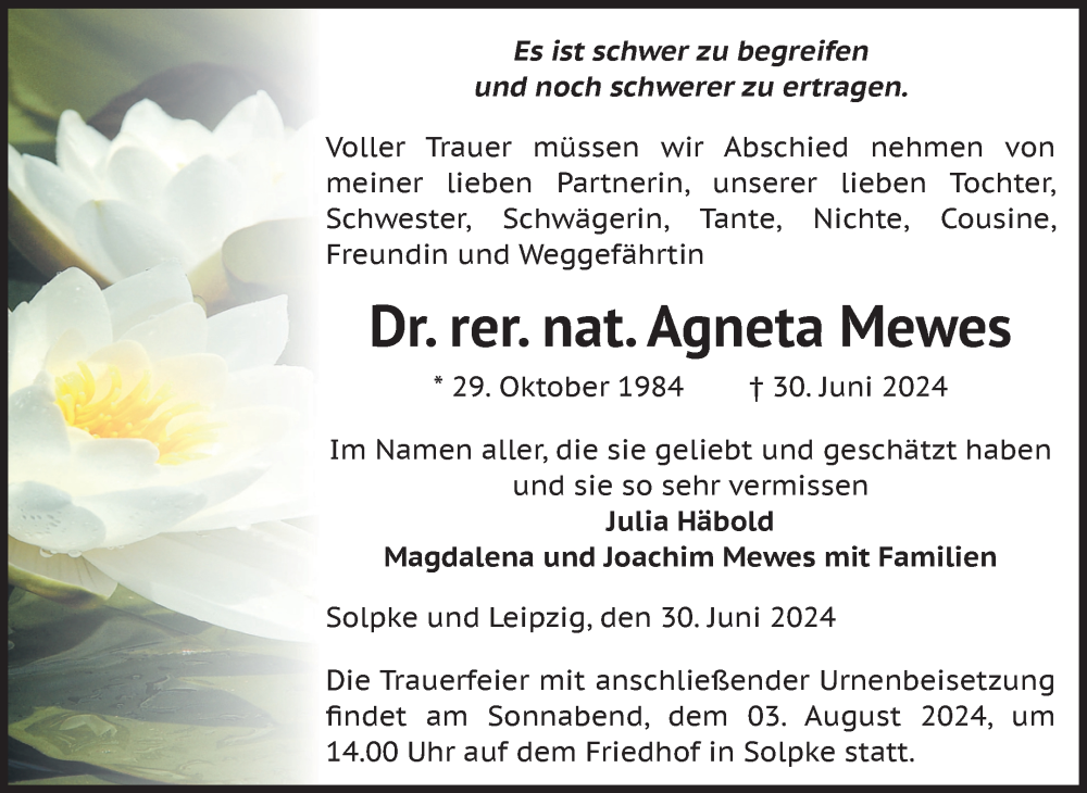  Traueranzeige für Agneta Mewes vom 20.07.2024 aus Volksstimme Altmark West