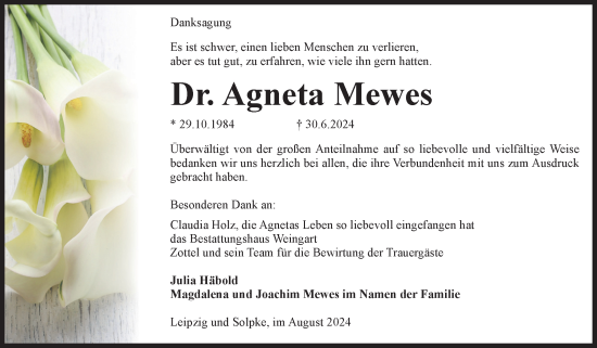 Traueranzeige von Agneta Mewes von Volksstimme Altmark West