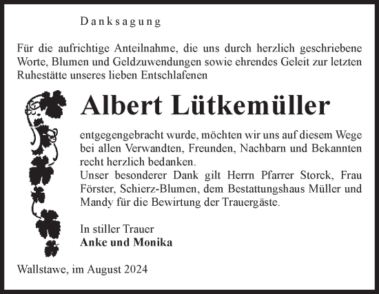 Traueranzeige von Albert Lütkemüller von Volksstimme Altmark West
