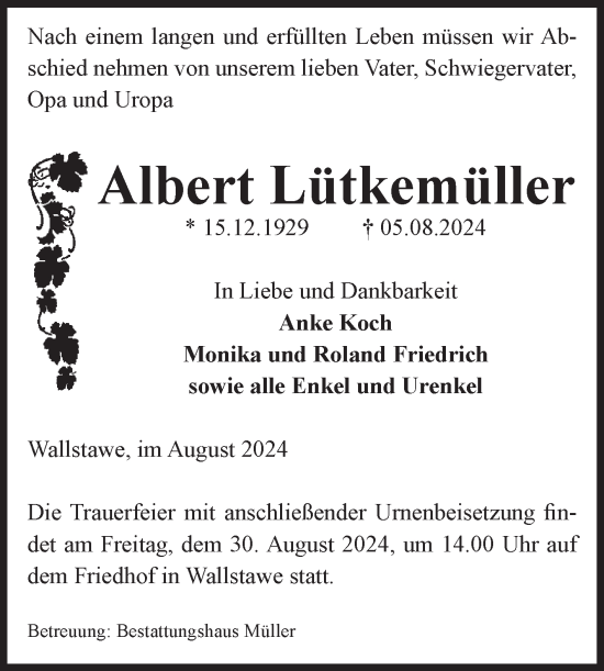 Traueranzeige von Albert Lütkemüller von Volksstimme Altmark West