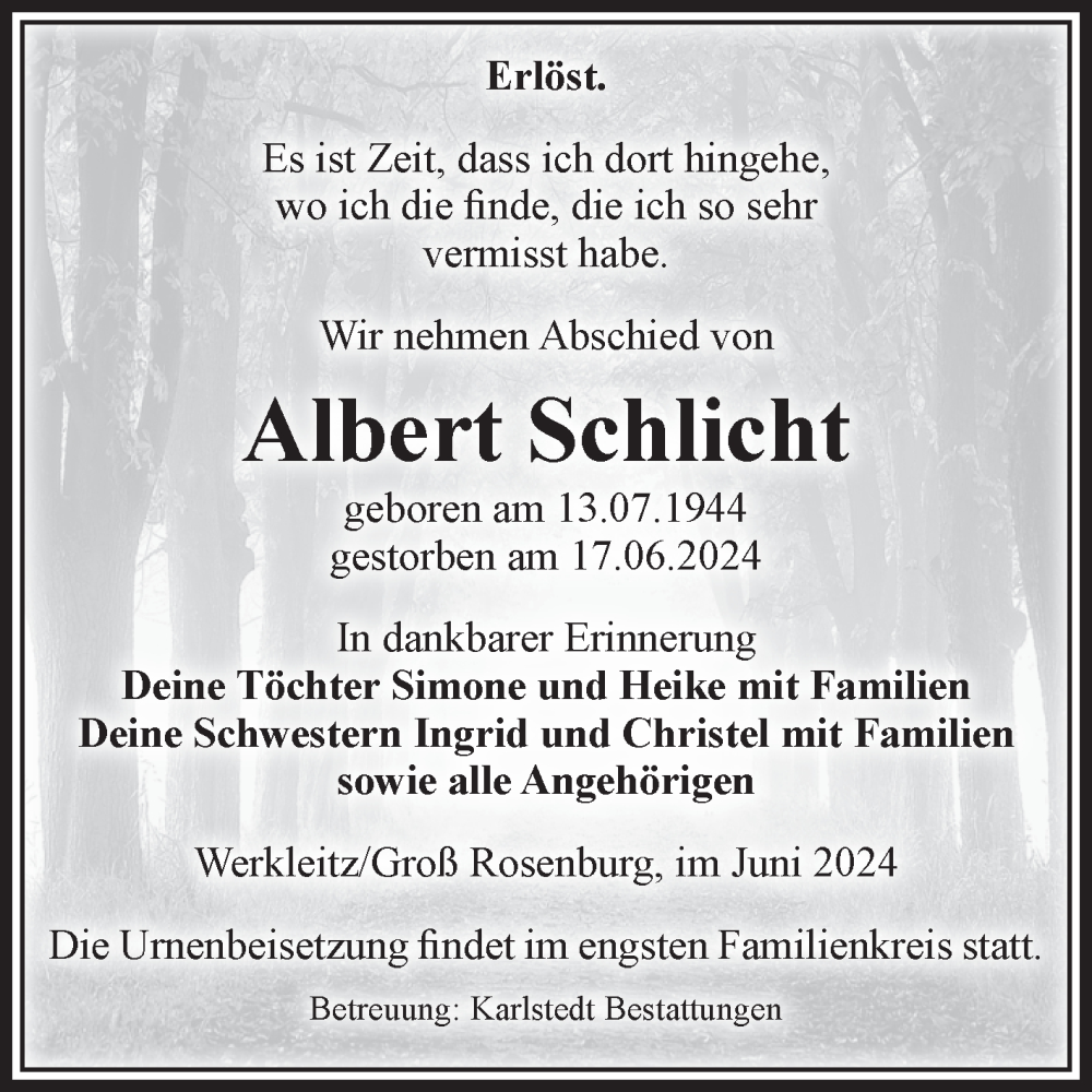  Traueranzeige für Albert Schlicht vom 22.06.2024 aus Volksstimme Schönebeck