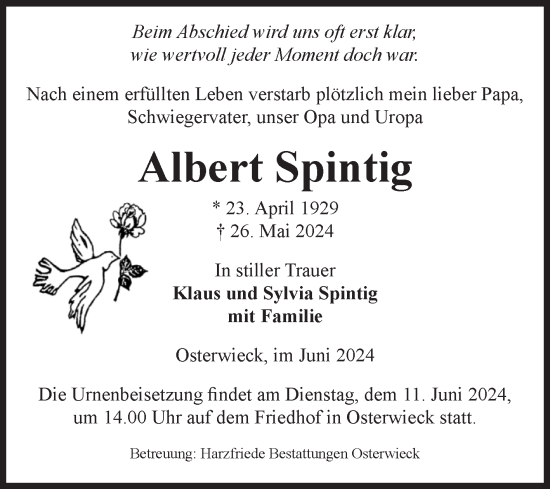 Traueranzeige von Albert Spintig von Volksstimme Halberstadt