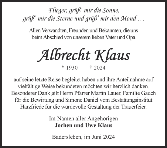 Traueranzeige von Albrecht Klaus von Volksstimme Halberstadt