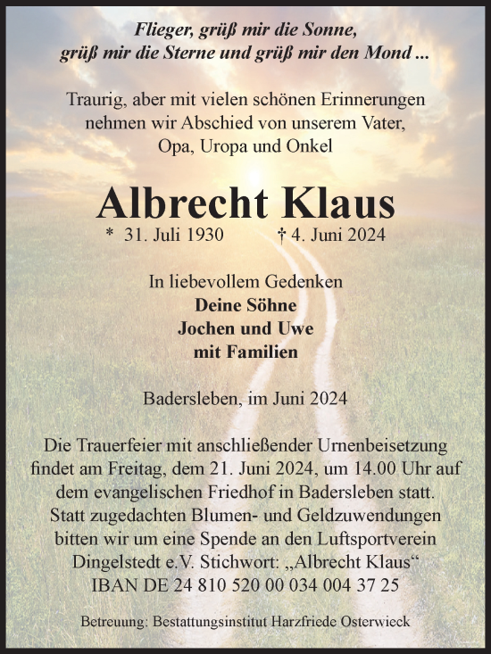 Traueranzeige von Albrecht Klaus von Volksstimme Halberstadt