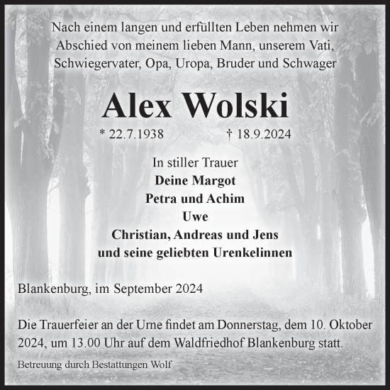 Traueranzeige von Alex Wolski von Volksstimme Wernigerode