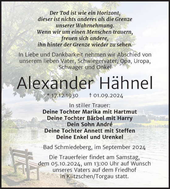 Traueranzeige von Alexander Hähnel von Trauerkombi Wittenberg