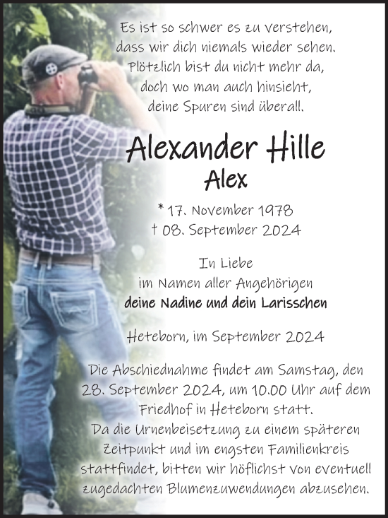 Traueranzeige von Alexander Hille von Trauerkombi Quedlinburg