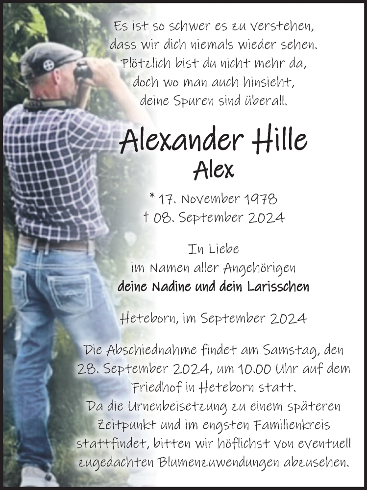  Traueranzeige für Alexander Hille vom 14.09.2024 aus Trauerkombi Quedlinburg