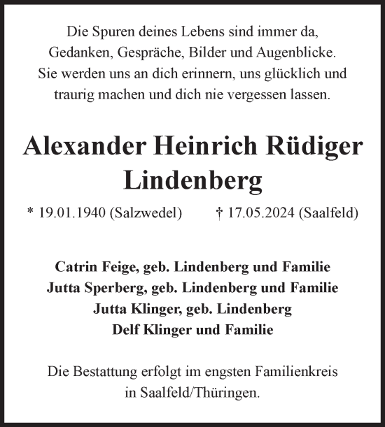 Traueranzeige von Alexander Heinrich Rüdiger Lindenberg von Volksstimme Altmark West