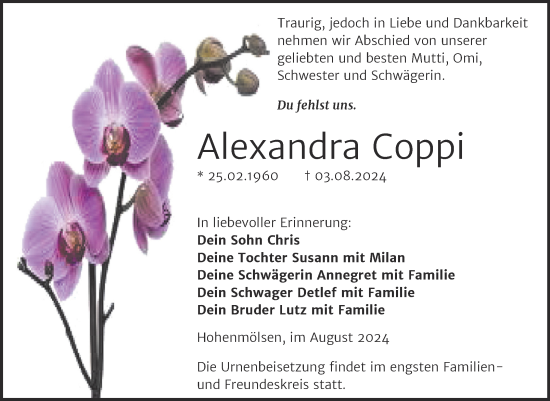Traueranzeige von Alexandra Coppi von Trauerkombi Weißenfels
