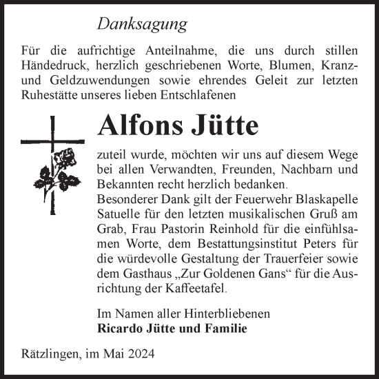 Traueranzeige von Alfons Jütte von Volksstimme Haldensleben/Wolmirstedt