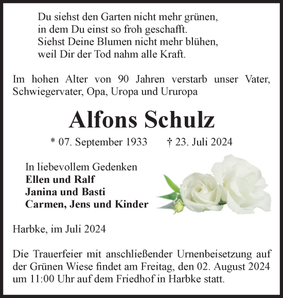 Traueranzeige von Alfons Schulz von Volksstimme Oschersleben/Wanzleben