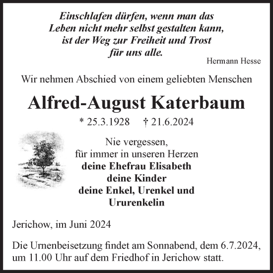 Traueranzeige von Alfred-August Katerbaum von Volksstimme Burg/Genthin