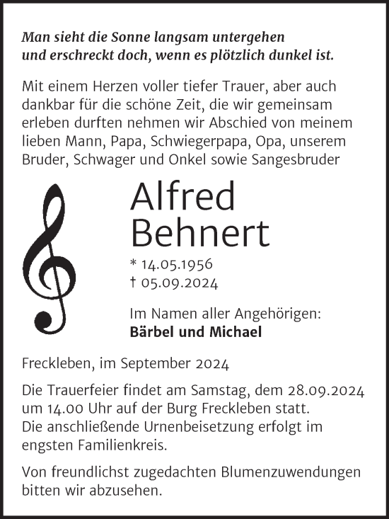 Traueranzeige von Alfred Behnert von Trauerkombi Aschersleben