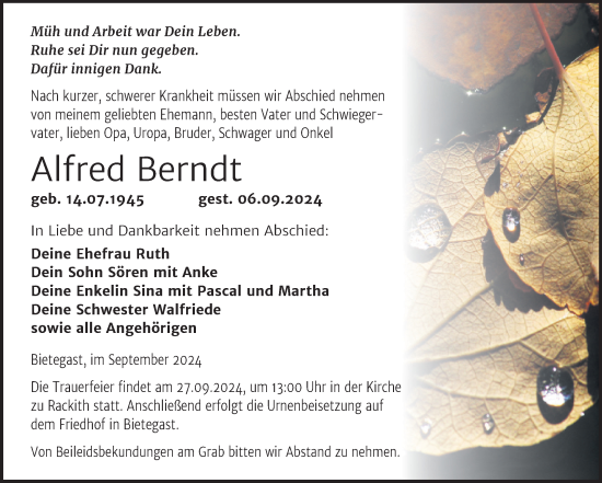 Traueranzeige von Alfred Berndt von Trauerkombi Wittenberg