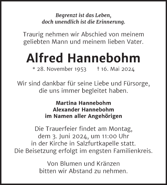 Traueranzeige von Alfred Hannebohm von Trauerkombi Bitterfeld