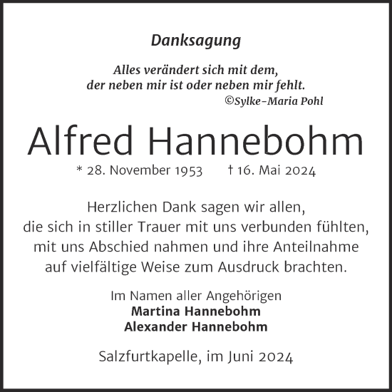 Traueranzeige von Alfred Hannebohm von Trauerkombi Bitterfeld